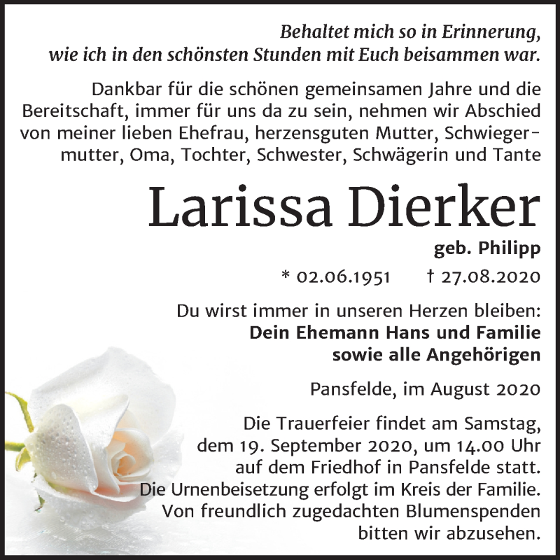  Traueranzeige für Larissa Dierker vom 05.09.2020 aus Mitteldeutsche Zeitung Quedlinburg