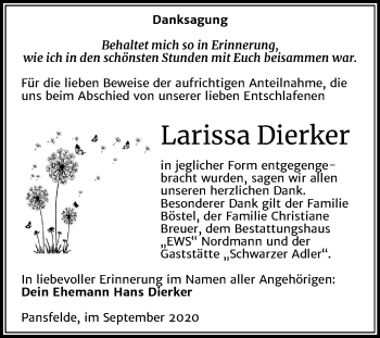 Traueranzeige von Larissa Dierker von Mitteldeutsche Zeitung Quedlinburg