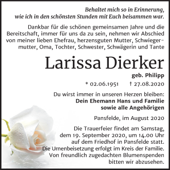 Traueranzeige von Larissa Dierker von Super Sonntag Quedlinburg