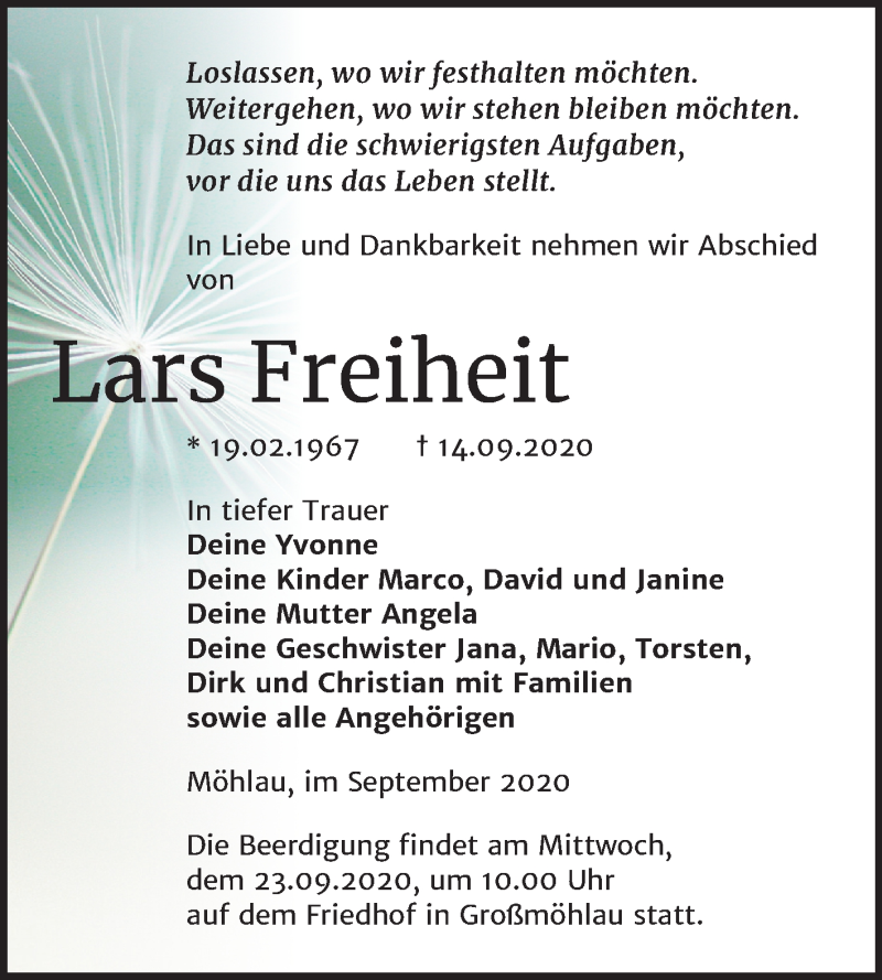  Traueranzeige für Lars Freiheit vom 19.09.2020 aus Mitteldeutsche Zeitung Wittenberg