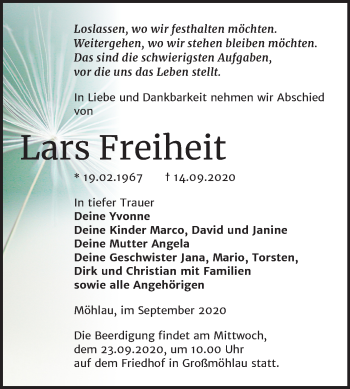 Traueranzeige von Lars Freiheit von Mitteldeutsche Zeitung Wittenberg
