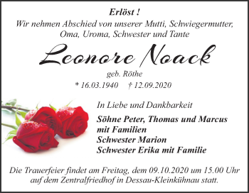 Traueranzeige von Leonore Noack von Mitteldeutsche Zeitung Dessau-Roßlau