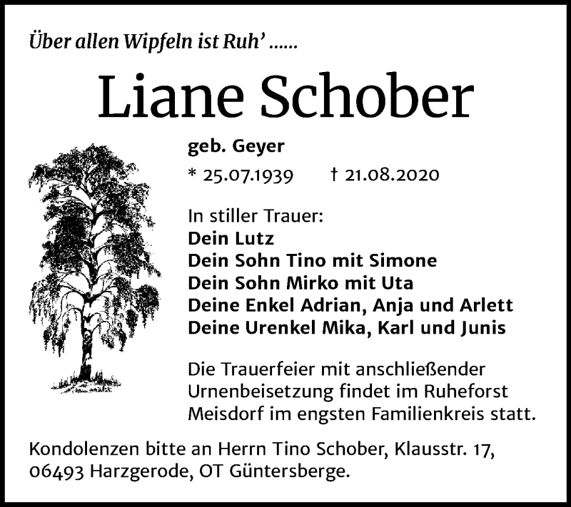  Traueranzeige für Liane Schober vom 05.09.2020 aus Mitteldeutsche Zeitung Quedlinburg