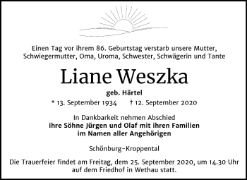 Traueranzeige von Liane Weszka von Wochenspiegel Naumburg/Nebra