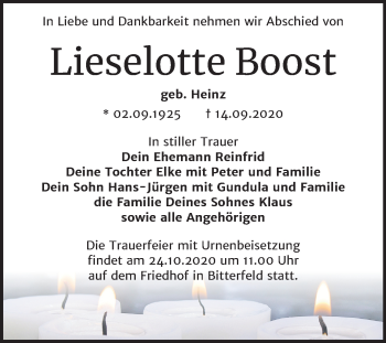 Traueranzeige von Lieselotte Boost von Wochenspiegel Bitterfeld
