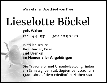 Traueranzeige von Lieselotte Böckel von Super Sonntag Köthen