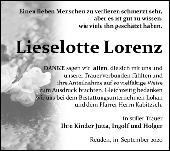 Traueranzeige von Lieselotte Lorenz von Wochenspiegel Bitterfeld