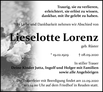 Traueranzeige von Lieselotte Lorenz von Wochenspiegel Bitterfeld
