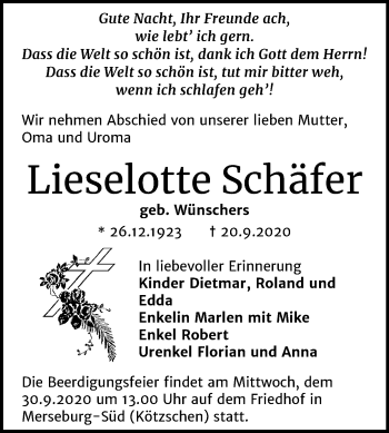 Traueranzeige von Lieselotte Schäfer von Super Sonntag Merseburg/Querfurt