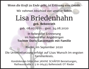 Traueranzeige von Lisa Briedenhahn von Super Sonntag Quedlinburg