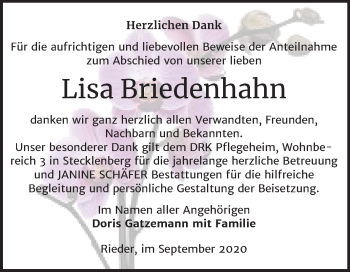 Traueranzeige von Lisa Briedenhahn von Mitteldeutsche Zeitung Quedlinburg