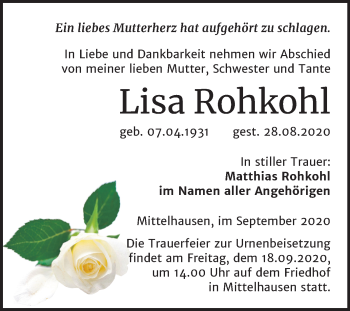 Traueranzeige von Lisa Rohkohl von Super Sonntag Sangerhausen