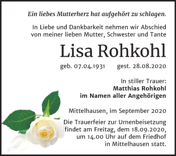 Traueranzeige von Lisa Rohkohl von Mitteldeutsche Zeitung Sangerhausen