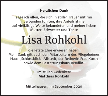 Traueranzeige von Lisa Rohkohl von Super Sonntag Sangerhausen