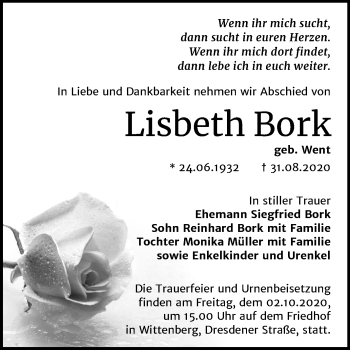 Traueranzeige von Lisbeth Bork von Super Sonntag Wittenberg