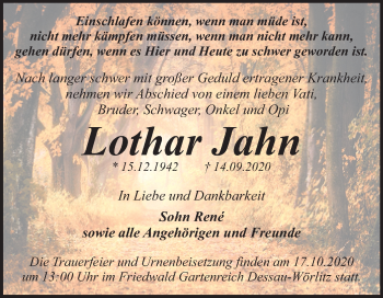 Traueranzeige von Lothar Jahn von Mitteldeutsche Zeitung Dessau-Roßlau
