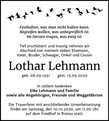 Traueranzeige von Lothar Lehmann von Super Sonntag Wittenberg