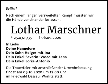 Traueranzeige von Lothar Marschner von Mitteldeutsche Zeitung Dessau-Roßlau