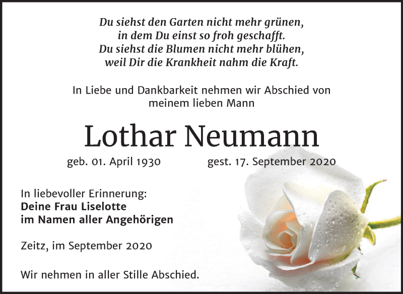  Traueranzeige für Lothar Neumann vom 26.09.2020 aus Mitteldeutsche Zeitung Zeitz