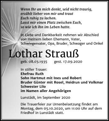 Traueranzeige von Lothar Strauß von Super Sonntag Merseburg/Querfurt