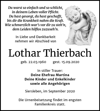 Traueranzeige von Lothar Thierbach von Mitteldeutsche Zeitung Mansfelder Land