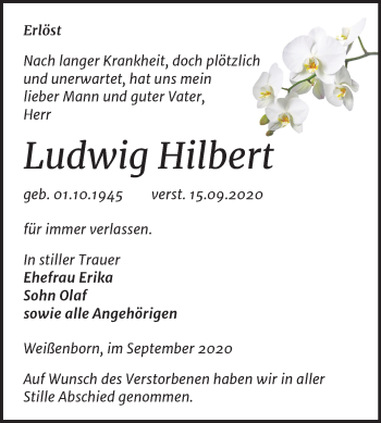 Traueranzeige von Ludwig Hilbert von Super Sonntag Zeitz