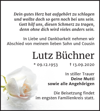 Traueranzeige von Lutz Büchner von Wochenspiegel Bitterfeld