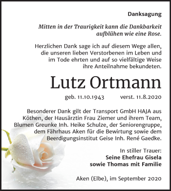 Traueranzeige von Lutz Ortmann von Super Sonntag Köthen