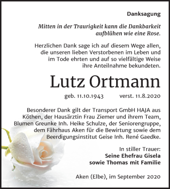 Traueranzeige von Lutz Ortmann von Mitteldeutsche Zeitung Köthen