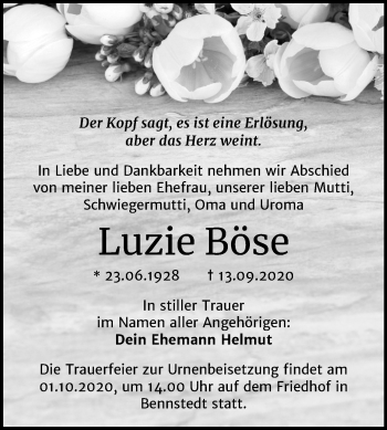 Traueranzeige von Luzie Böse von Mitteldeutsche Zeitung Mansfelder Land