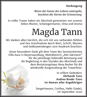 Traueranzeige von Magda Tann von Mitteldeutsche Zeitung Sangerhausen