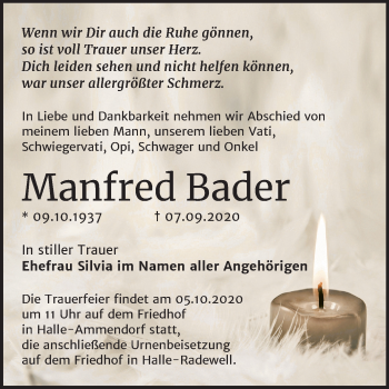 Traueranzeige von Manfred Bader von Mitteldeutsche Zeitung Halle/Saalkreis