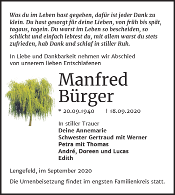 Traueranzeige von Manfred Bürger von Wochenspiegel Sangerhausen