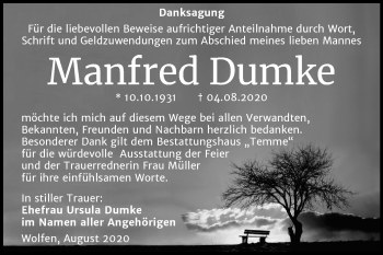 Traueranzeige von Manfred Dumke von Wochenspiegel Bitterfeld