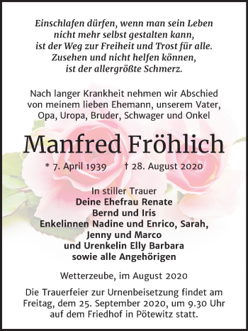 Traueranzeige von Manfred Fröhlich von Super Sonntag Zeitz