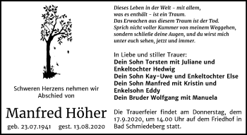 Traueranzeige von Manfred Höher von Mitteldeutsche Zeitung Wittenberg