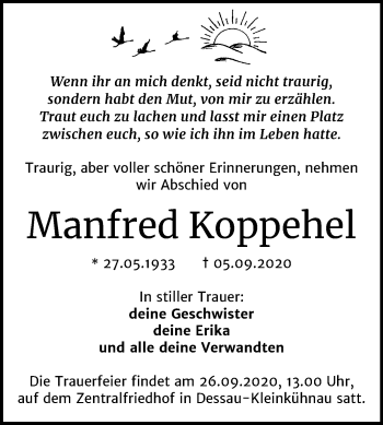 Traueranzeige von Manfred Koppehel von Super Sonntag Dessau-Roßlau