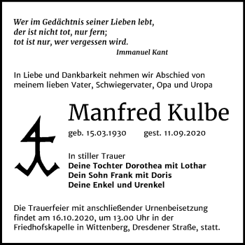 Traueranzeige von Manfred Kulbe von Super Sonntag Wittenberg