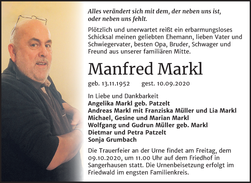  Traueranzeige für Manfred Markl vom 19.09.2020 aus Super Sonntag Sangerhausen