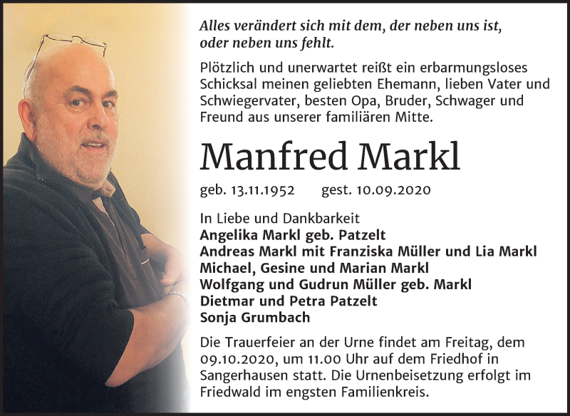  Traueranzeige für Manfred Markl vom 19.09.2020 aus Mitteldeutsche Zeitung Sangerhausen
