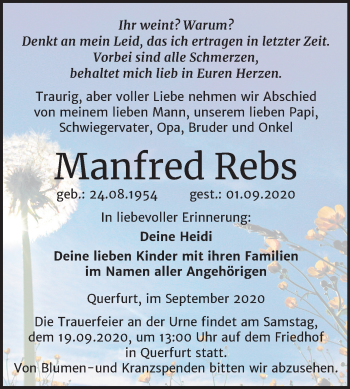 Traueranzeige von Manfred Rebs von Mitteldeutsche Zeitung Merseburg/Querfurt