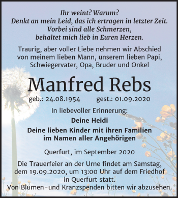 Traueranzeige von Manfred Rebs von Super Sonntag Merseburg/Querfurt