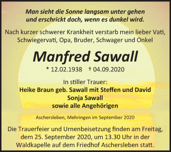 Traueranzeige von Manfred Sawall von Super Sonntag Aschersleben