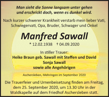 Traueranzeige von Manfred Sawall von Mitteldeutsche Zeitung Aschersleben