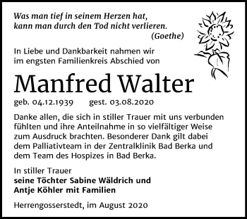 Traueranzeige von Manfred Walter von Wochenspiegel Naumburg/Nebra