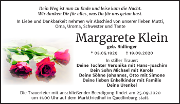 Traueranzeige von Margarete Klein von Mitteldeutsche Zeitung Quedlinburg