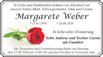 Traueranzeige von Margarete Weber von Super Sonntag Wittenberg