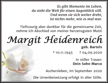Traueranzeige von Margit Heidenreich von Super Sonntag Aschersleben
