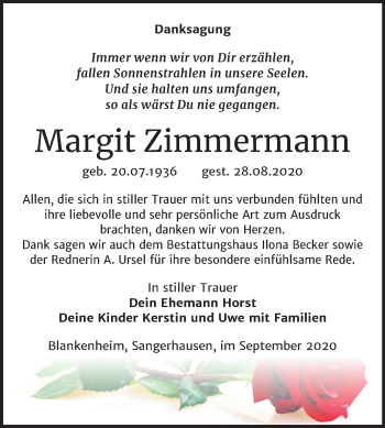 Traueranzeige von Margit Zimmermann von Super Sonntag Sangerhausen