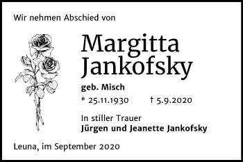 Traueranzeige von Margitta Jankofsky von Mitteldeutsche Zeitung Merseburg/Querfurt